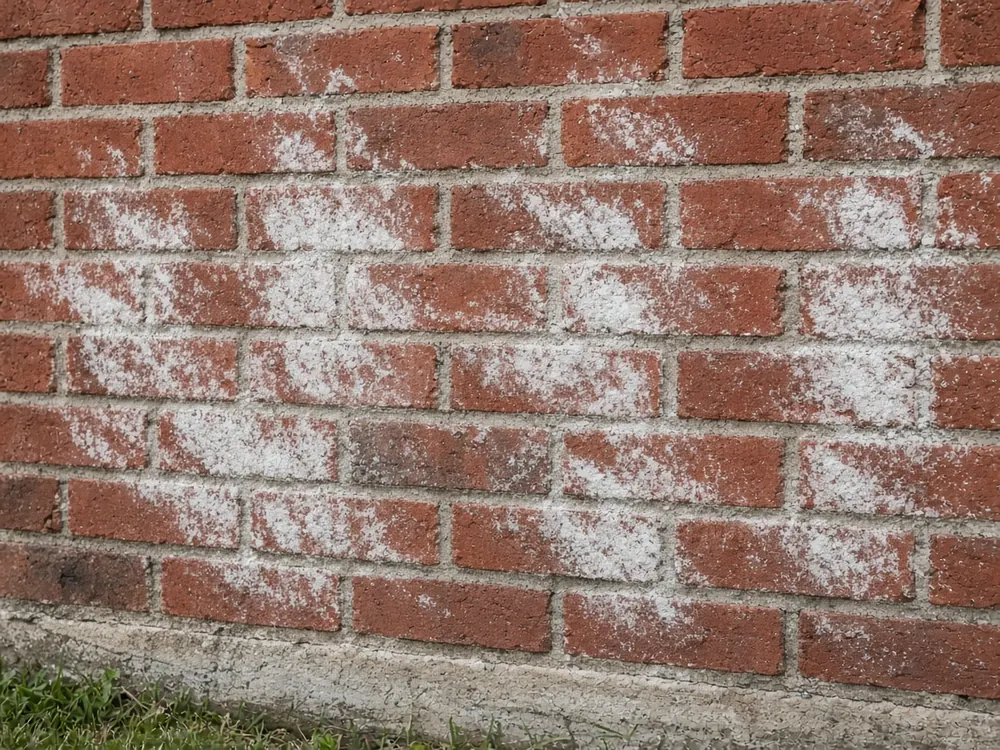 White efflorescence mineral deposits on a red brick exterior wall