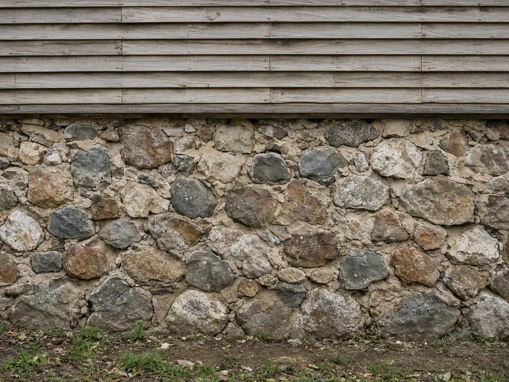 Fieldstone foundation wall below weathered wood siding