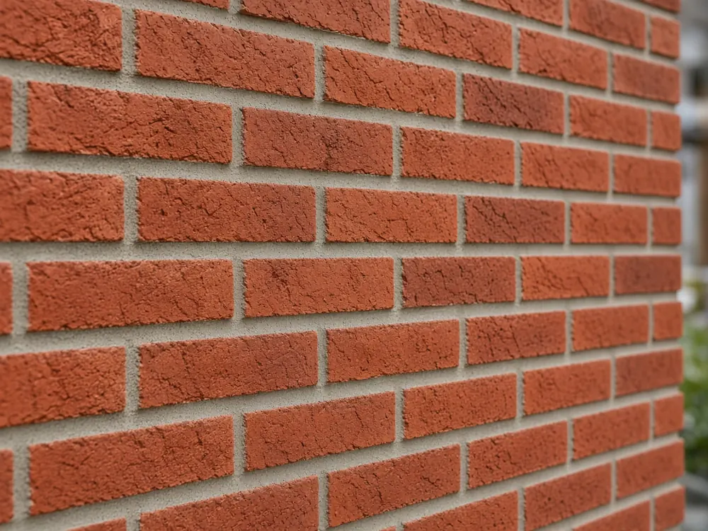 Close-up of a red brick wall with neat gray mortar joints