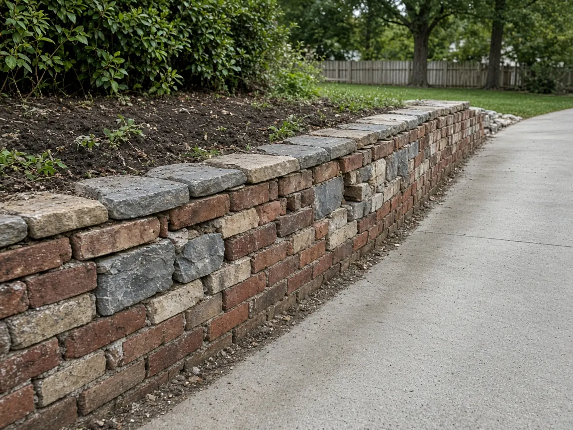 Brick and stone retaining wall along a residential driveway grade change