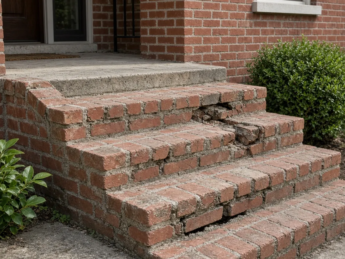 Worn brick front steps and stoop with cracked mortar at a home entrance