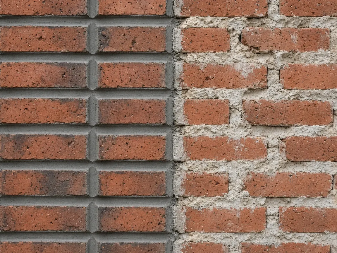 Red brick wall with freshly tuckpointed mortar joints beside older crumbling joints