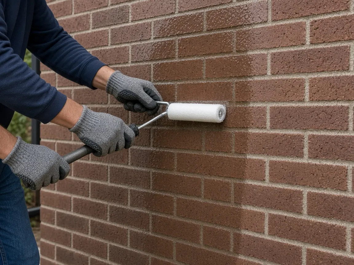 Applying masonry sealer to a brick exterior wall