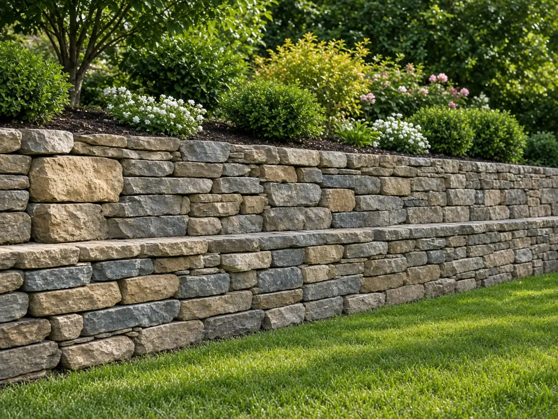 Stone retaining wall in a landscaped yard